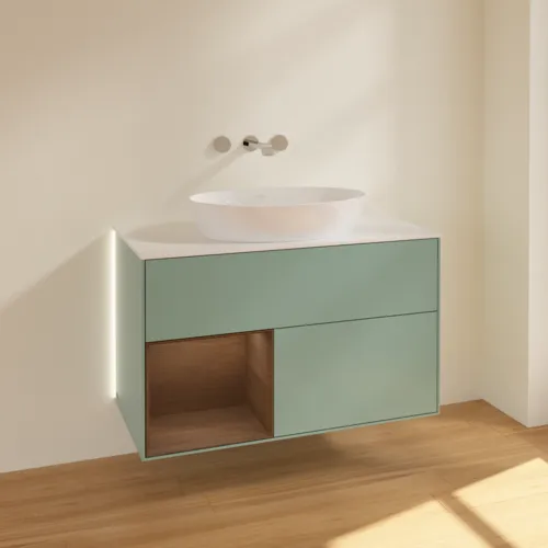 VILLEROY BOCH Finion Waschbeckenunterschrank, mit Beleuchtung, 2 Auszüge, 1000 x 603 x 501 mm, Olive Matt Lacquer / Walnut Veneer / Glass White Matt #GA11GNGM, Bild 2