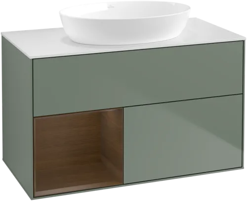 Picture of VILLEROY BOCH Finion Vanity unit, with lighting, 2 pull-out compartments, 1000 x 603 x 501 mm, Olive Matt Lacquer / Walnut Veneer / Glass White Matt #GA11GNGM