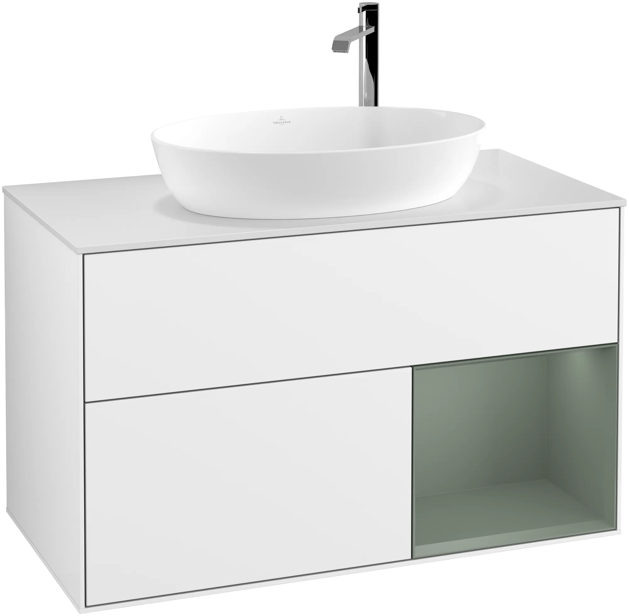 Зображення з  VILLEROY BOCH Finion Vanity unit, with lighting, 2 pull-out compartments, 1000 x 603 x 501 mm, Glossy White Lacquer / Olive Matt Lacquer / Glass White Matt #G901GMGF