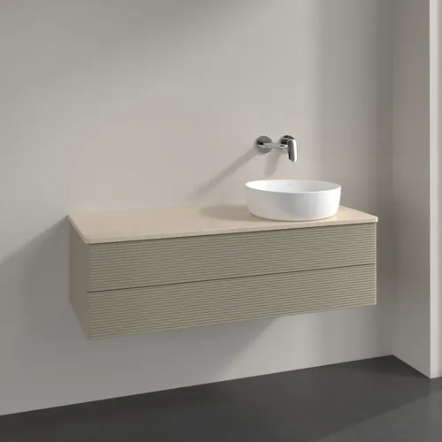 Bild von VILLEROY BOCH Antao Waschbeckenunterschrank, mit Beleuchtung, 2 Auszüge, 1200 x 360 x 500 mm, Front mit Struktur, Stone Grey Matt Lacquer / Botticino #L23113HK