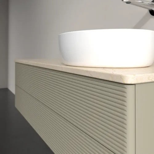 Bild von VILLEROY BOCH Antao Waschbeckenunterschrank, mit Beleuchtung, 2 Auszüge, 1200 x 360 x 500 mm, Front mit Struktur, Stone Grey Matt Lacquer / Botticino #L23113HK