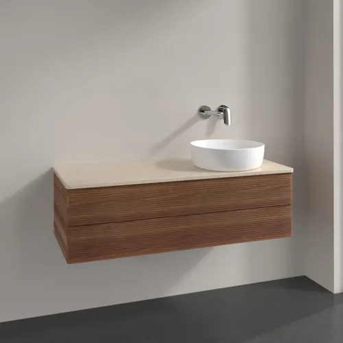Bild von VILLEROY BOCH Antao Waschbeckenunterschrank, mit Beleuchtung, 2 Auszüge, 1200 x 360 x 500 mm, Front mit Struktur, Warm Walnut / Botticino #L23113HM