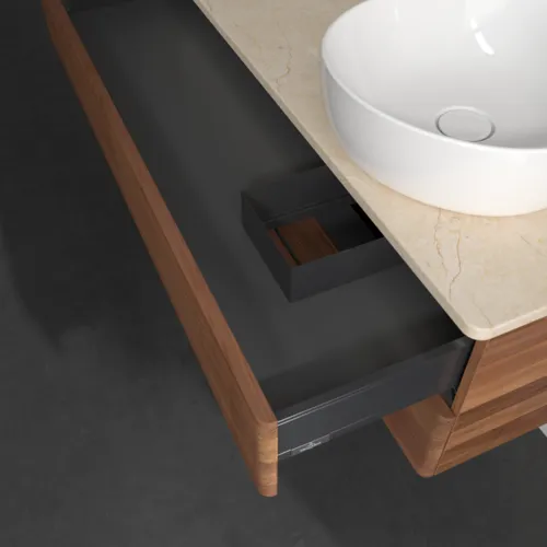 Bild von VILLEROY BOCH Antao Waschbeckenunterschrank, mit Beleuchtung, 2 Auszüge, 1200 x 360 x 500 mm, Front mit Struktur, Warm Walnut / Botticino #L23113HM