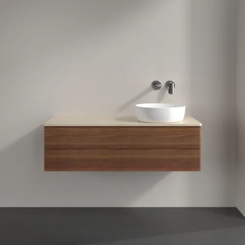 Bild von VILLEROY BOCH Antao Waschbeckenunterschrank, mit Beleuchtung, 2 Auszüge, 1200 x 360 x 500 mm, Front mit Struktur, Warm Walnut / Botticino #L23113HM