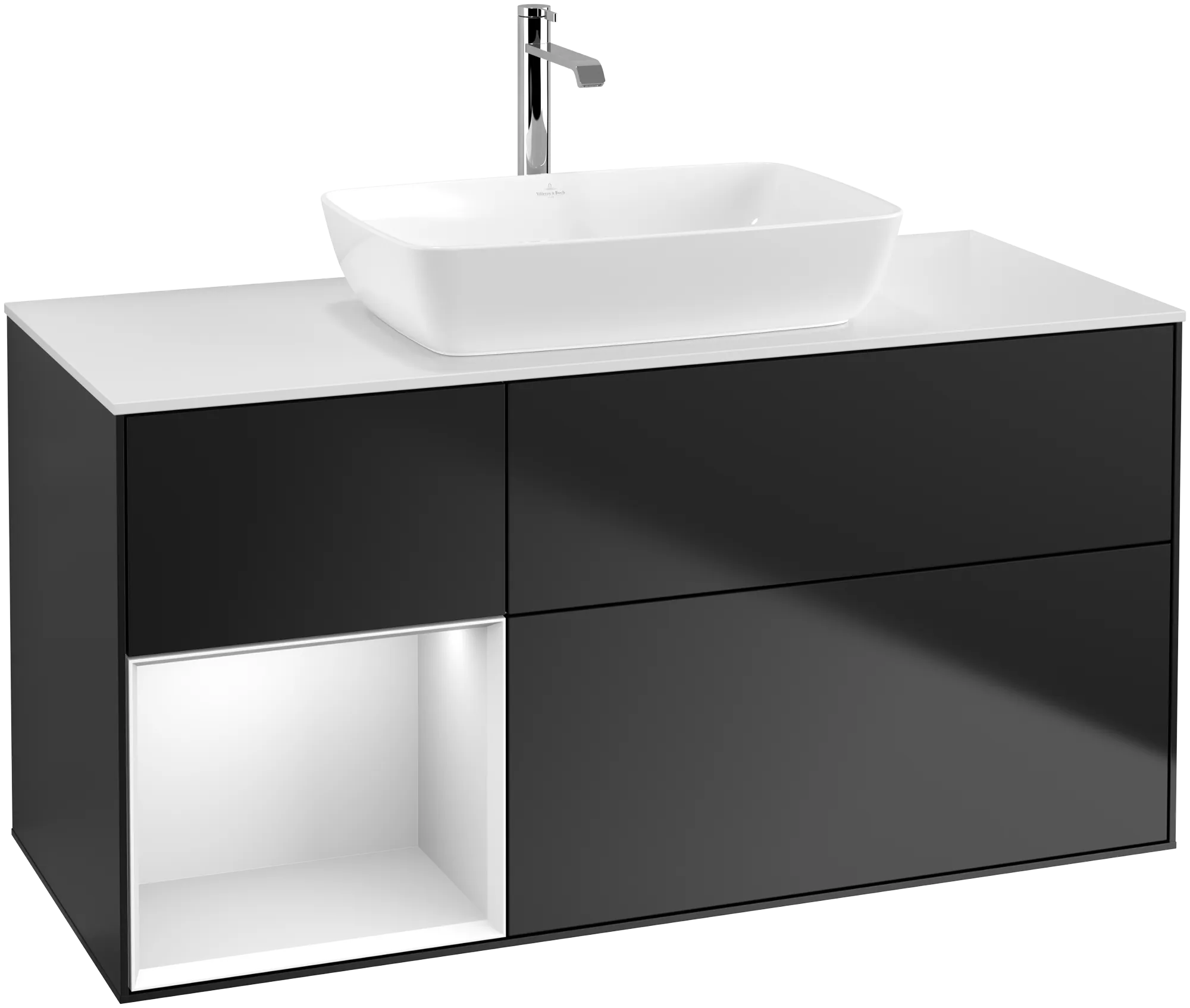 VILLEROY BOCH Finion Vanity unit, with lighting, 3 pull-out compartments, 1200 x 603 x 501 mm, Black Matt Lacquer / White Matt Lacquer / Glass White Matt #G821MTPD resmi
