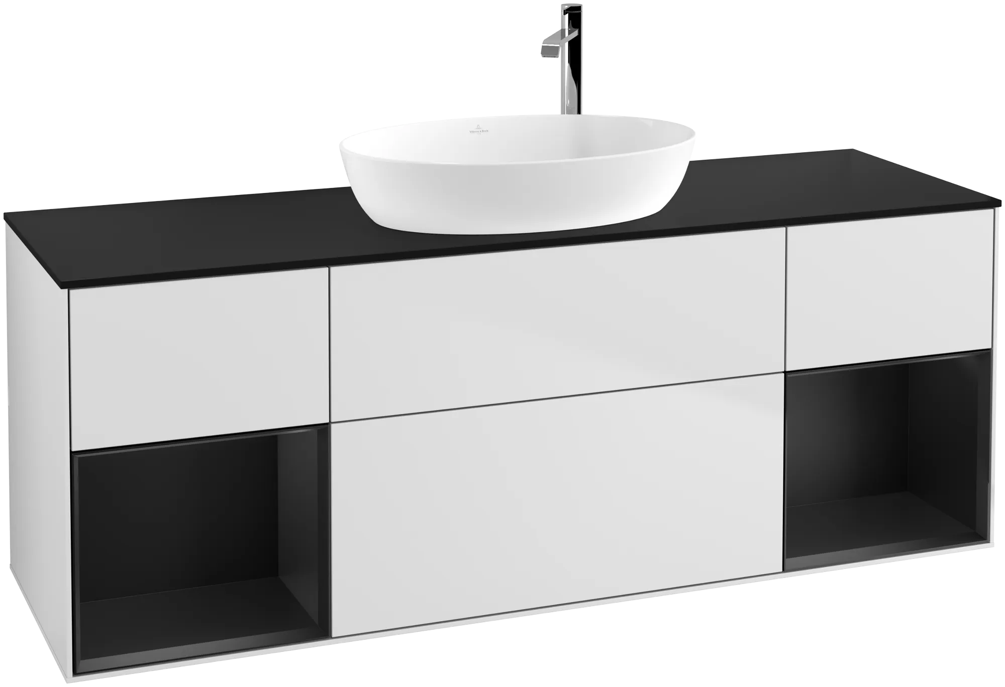 Picture of VILLEROY BOCH Finion Vanity unit, with lighting, 4 pull-out compartments, 1600 x 603 x 501 mm, White Matt Lacquer / Black Matt Lacquer / Glass Black Matt #G982PDMT