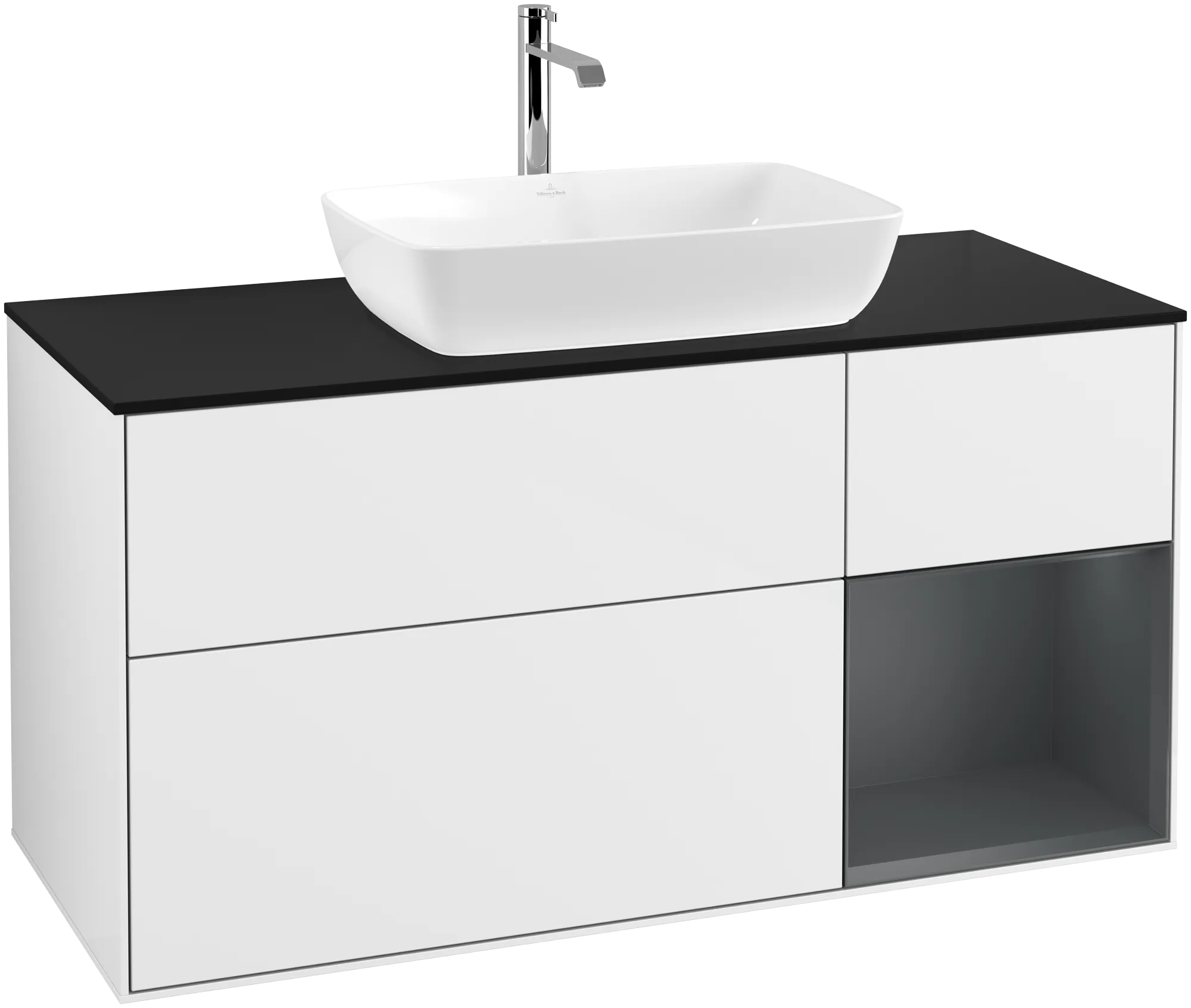 Obrázek VILLEROY BOCH Finion Vanity unit, with lighting, 3 pull-out compartments, 1200 x 603 x 501 mm, Glossy White Lacquer / Midnight Blue Matt Lacquer / Glass Black Matt #G832HGGF