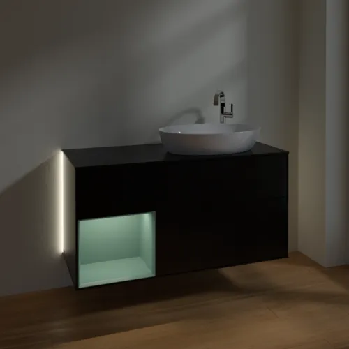 Bild von VILLEROY BOCH Finion Waschbeckenunterschrank, mit Beleuchtung, 3 Auszüge, 1200 x 603 x 501 mm, Black Matt Lacquer / Olive Matt Lacquer / Glass Black Matt #G922GMPD