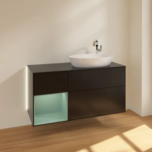 Bild von VILLEROY BOCH Finion Waschbeckenunterschrank, mit Beleuchtung, 3 Auszüge, 1200 x 603 x 501 mm, Black Matt Lacquer / Olive Matt Lacquer / Glass Black Matt #G922GMPD