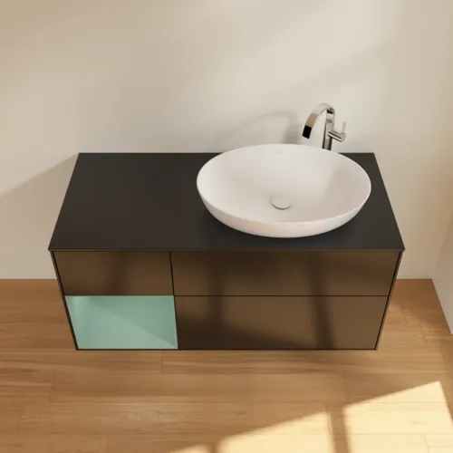Bild von VILLEROY BOCH Finion Waschbeckenunterschrank, mit Beleuchtung, 3 Auszüge, 1200 x 603 x 501 mm, Black Matt Lacquer / Olive Matt Lacquer / Glass Black Matt #G922GMPD