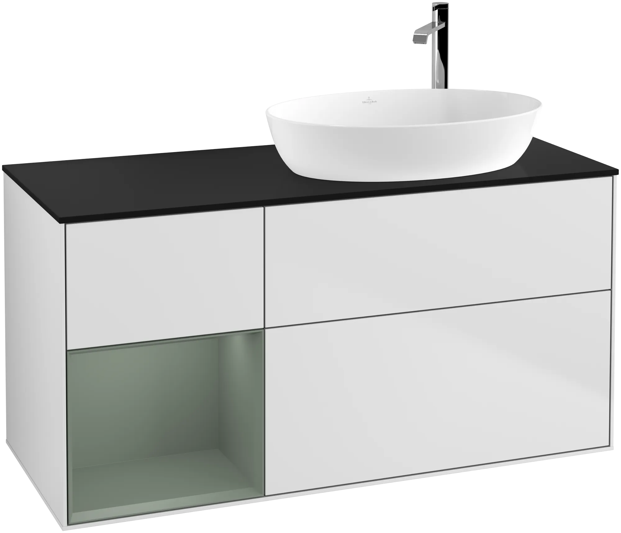VILLEROY BOCH Finion Vanity unit, with lighting, 3 pull-out compartments, 1200 x 603 x 501 mm, White Matt Lacquer / Olive Matt Lacquer / Glass Black Matt #G922GMMT resmi