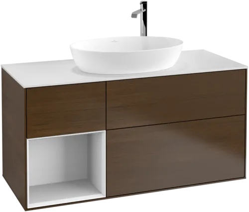 VILLEROY BOCH Finion Vanity unit, with lighting, 3 pull-out compartments, 1200 x 603 x 501 mm, Walnut Veneer / Glossy White Lacquer / Glass White Matt #G941GFGN resmi