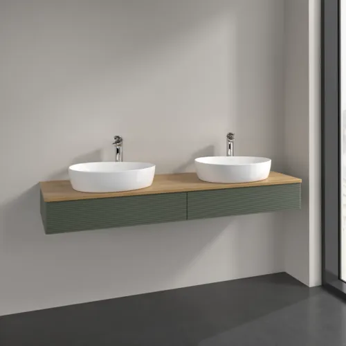 Bild von VILLEROY BOCH Antao Waschbeckenunterschrank, 2 Auszüge, 1600 x 190 x 500 mm, Front mit Struktur, Leaf Green Matt Lacquer / Honey Oak #K17151HL