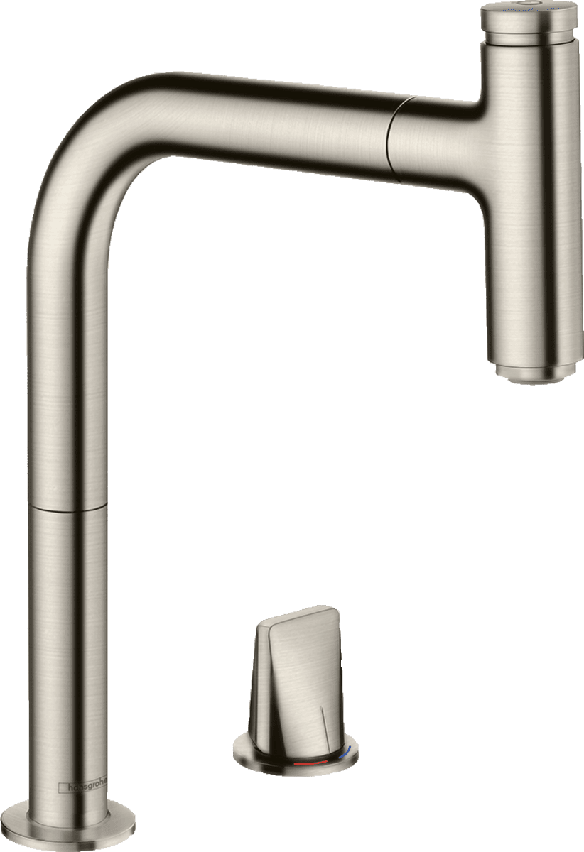 Зображення з  HANSGROHE Metris Select M71 2-hole single lever kitchen mixer 200, pull-out spout, 1jet, sBox #73804800 - Stainless Steel Finish