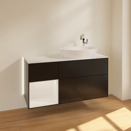 VILLEROY BOCH Finion Waschbeckenunterschrank, mit Beleuchtung, 3 Auszüge, 1200 x 603 x 501 mm, Black Matt Lacquer / Glossy White Lacquer / Glass White Matt #G921GFPD, Bild 2