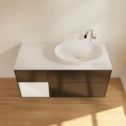 VILLEROY BOCH Finion Waschbeckenunterschrank, mit Beleuchtung, 3 Auszüge, 1200 x 603 x 501 mm, Black Matt Lacquer / Glossy White Lacquer / Glass White Matt #G921GFPD, Bild 4