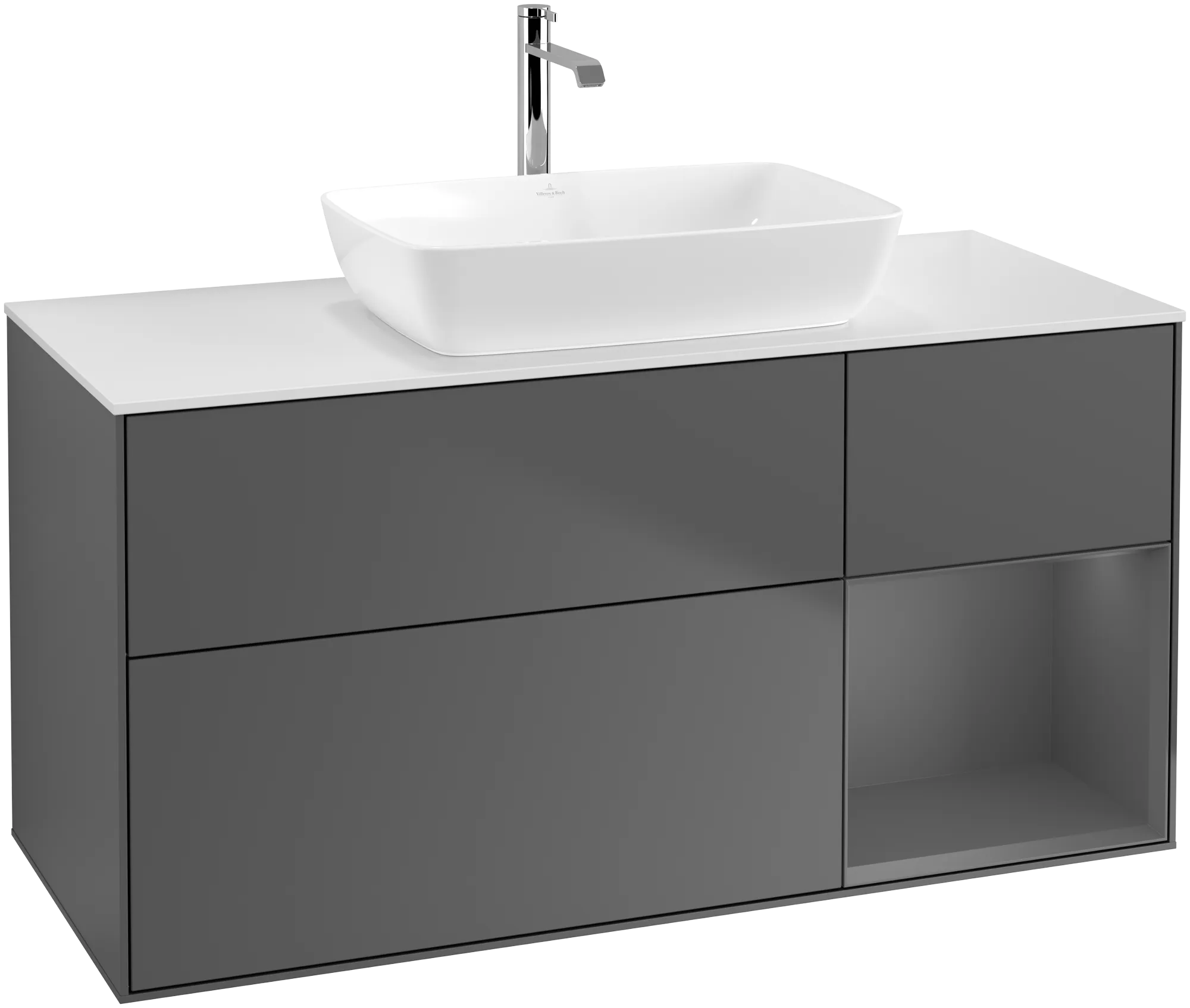 Picture of VILLEROY BOCH Finion Vanity unit, with lighting, 3 pull-out compartments, 1200 x 603 x 501 mm, Anthracite Matt Lacquer / Anthracite Matt Lacquer / Glass White Matt #G831GKGK
