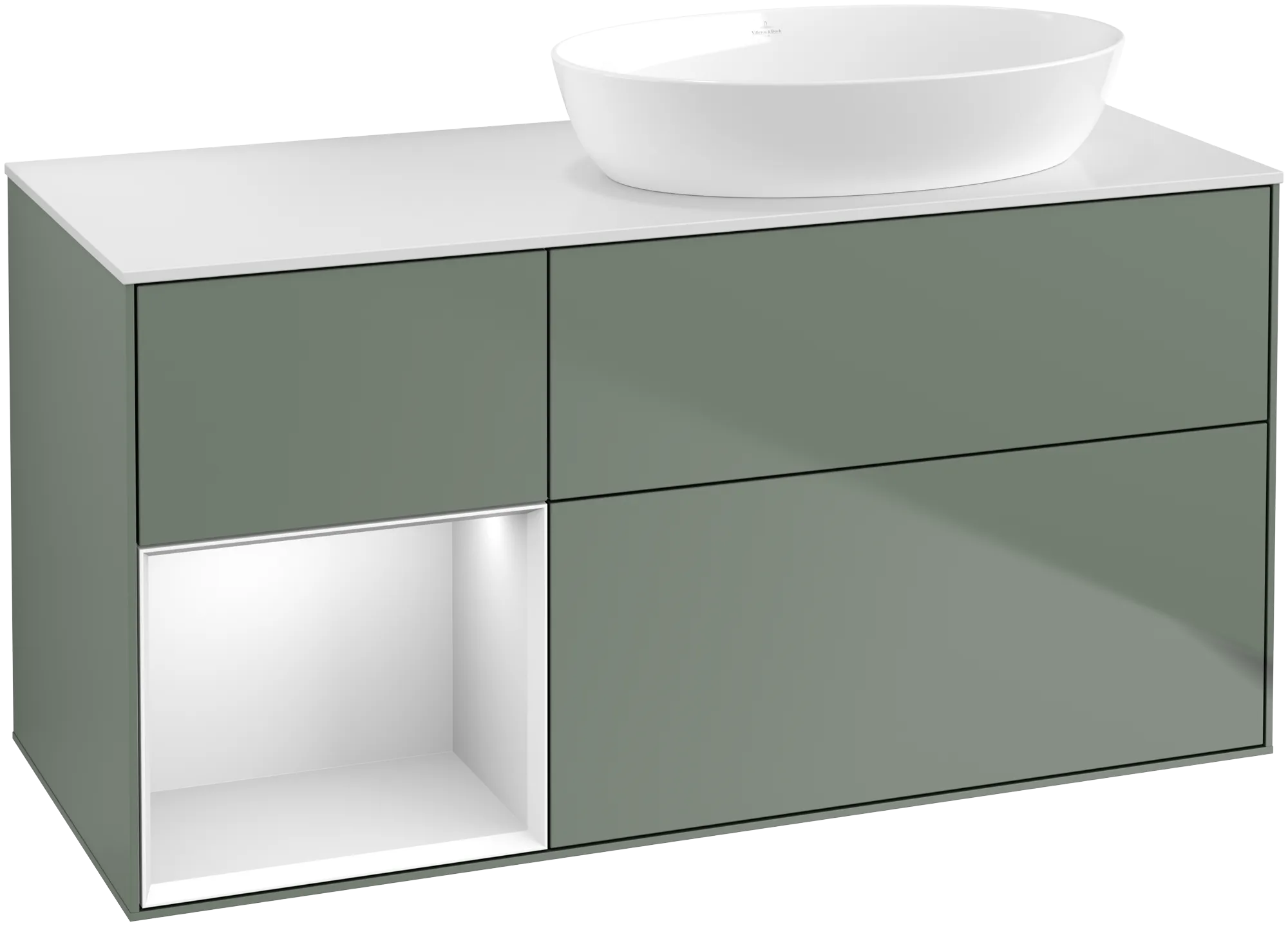 Picture of VILLEROY BOCH Finion Vanity unit, with lighting, 3 pull-out compartments, 1200 x 603 x 501 mm, Olive Matt Lacquer / White Matt Lacquer / Glass White Matt #GA41MTGM