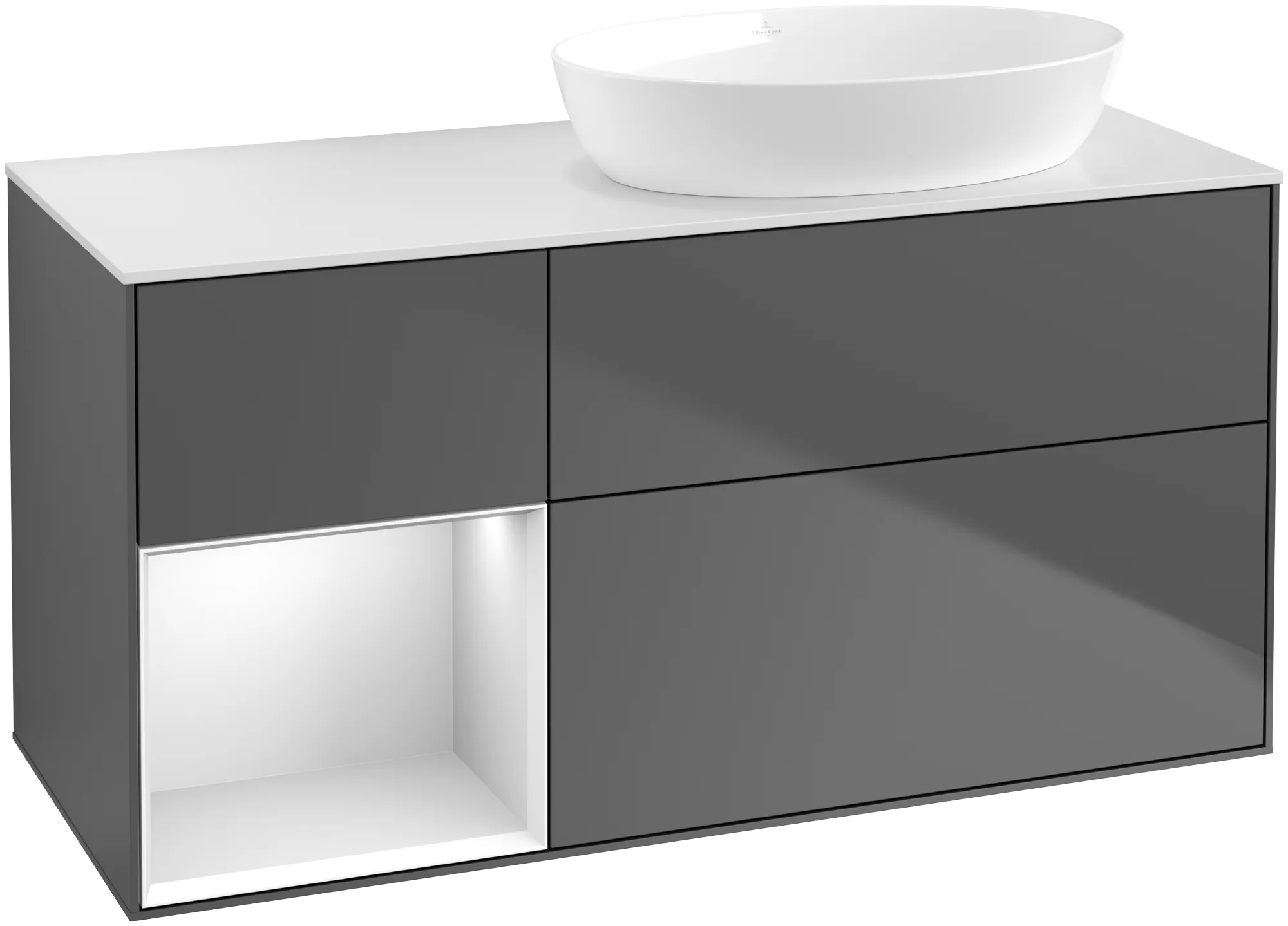 Picture of VILLEROY BOCH Finion Vanity unit, with lighting, 3 pull-out compartments, 1200 x 603 x 501 mm, Anthracite Matt Lacquer / White Matt Lacquer / Glass White Matt #GA41MTGK