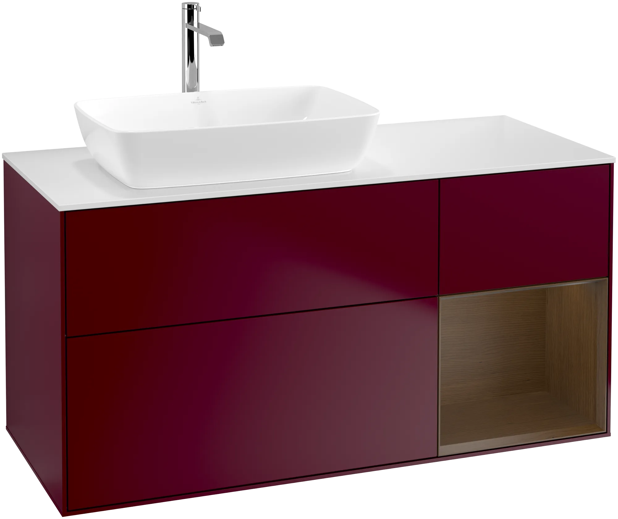 Picture of VILLEROY BOCH Finion Vanity unit, with lighting, 3 pull-out compartments, 1200 x 603 x 501 mm, Peony Matt Lacquer / Walnut Veneer / Glass White Matt #G811GNHB