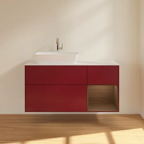 Bild von VILLEROY BOCH Finion Waschbeckenunterschrank, mit Beleuchtung, 3 Auszüge, 1200 x 603 x 501 mm, Peony Matt Lacquer / Walnut Veneer / Glass White Matt #G811GNHB