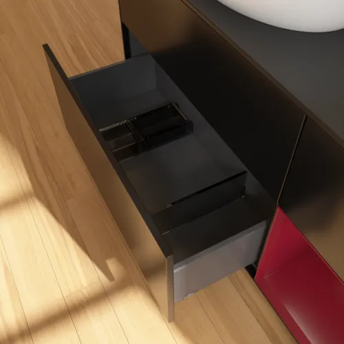 Bild von VILLEROY BOCH Finion Waschbeckenunterschrank, mit Beleuchtung, 3 Auszüge, 1200 x 603 x 501 mm, Black Matt Lacquer / Peony Matt Lacquer / Glass Black Matt #G932HBPD