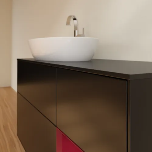 Bild von VILLEROY BOCH Finion Waschbeckenunterschrank, mit Beleuchtung, 3 Auszüge, 1200 x 603 x 501 mm, Black Matt Lacquer / Peony Matt Lacquer / Glass Black Matt #G932HBPD