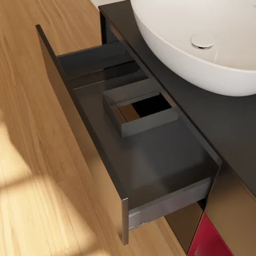 Bild von VILLEROY BOCH Finion Waschbeckenunterschrank, mit Beleuchtung, 3 Auszüge, 1200 x 603 x 501 mm, Black Matt Lacquer / Peony Matt Lacquer / Glass Black Matt #G932HBPD