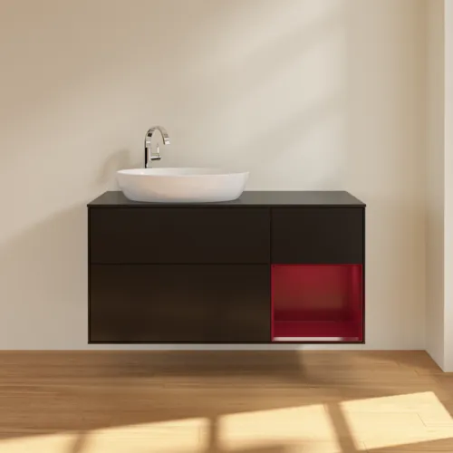 Bild von VILLEROY BOCH Finion Waschbeckenunterschrank, mit Beleuchtung, 3 Auszüge, 1200 x 603 x 501 mm, Black Matt Lacquer / Peony Matt Lacquer / Glass Black Matt #G932HBPD