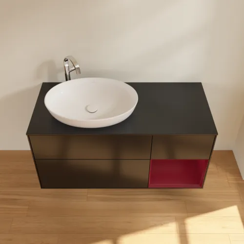 Bild von VILLEROY BOCH Finion Waschbeckenunterschrank, mit Beleuchtung, 3 Auszüge, 1200 x 603 x 501 mm, Black Matt Lacquer / Peony Matt Lacquer / Glass Black Matt #G932HBPD