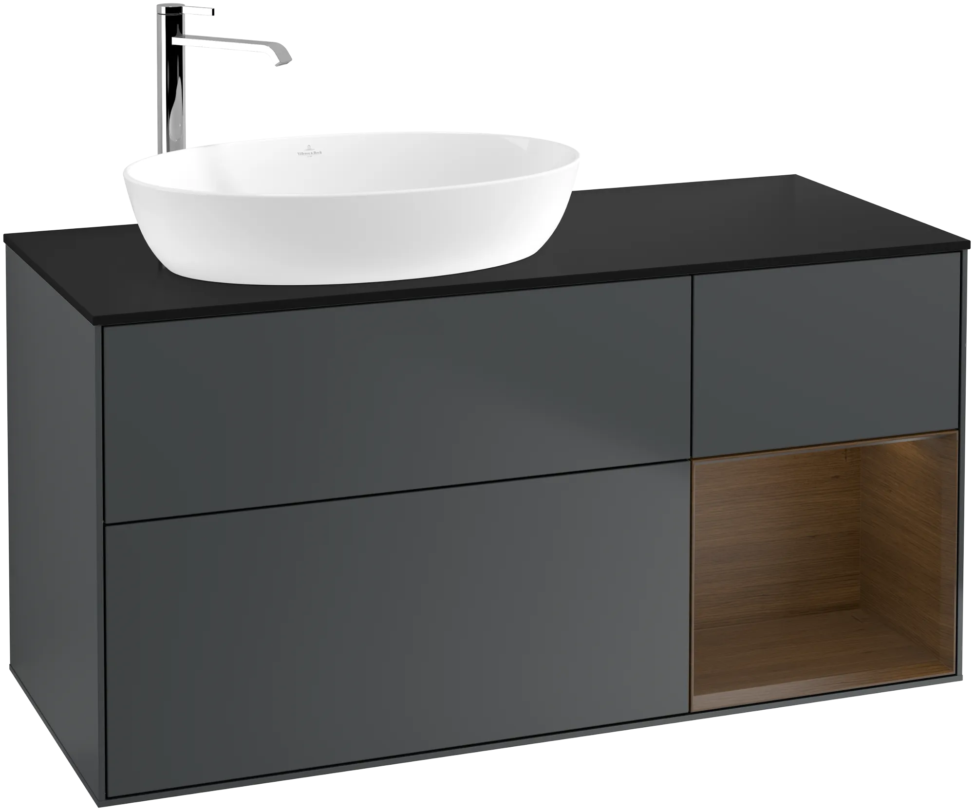 Picture of VILLEROY BOCH Finion Vanity unit, with lighting, 3 pull-out compartments, 1200 x 603 x 501 mm, Midnight Blue Matt Lacquer / Walnut Veneer / Glass Black Matt #G932GNHG