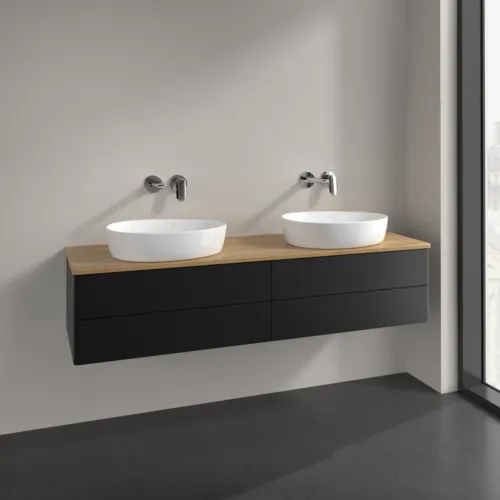 Bild von VILLEROY BOCH Antao Waschbeckenunterschrank, 4 Auszüge, 1600 x 360 x 500 mm, Front ohne Struktur, Black Matt Lacquer / Honey Oak #K28011PD