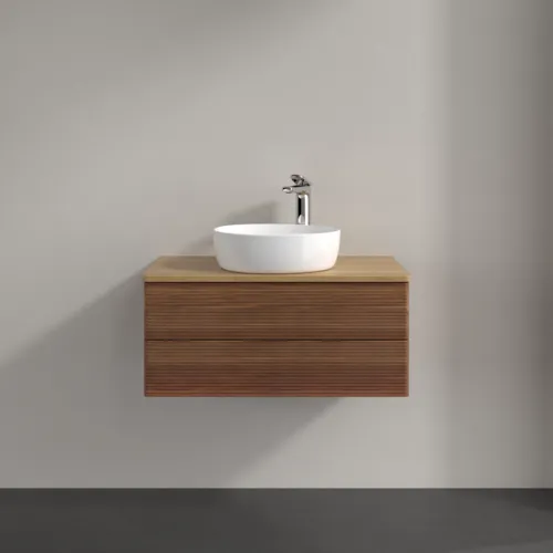 Bild von VILLEROY BOCH Antao Waschbeckenunterschrank, mit Beleuchtung, 2 Auszüge, 800 x 360 x 500 mm, Front mit Struktur, Warm Walnut / Honey Oak #L19151HM
