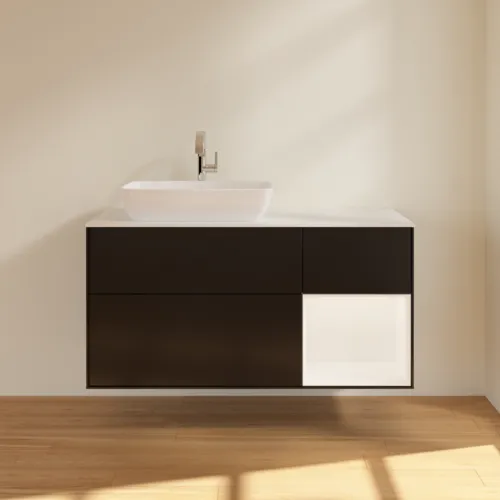 Picture of VILLEROY BOCH Finion Vanity unit, with lighting, 3 pull-out compartments, 1200 x 603 x 501 mm, Black Matt Lacquer / White Matt Lacquer / Glass White Matt #G811MTPD