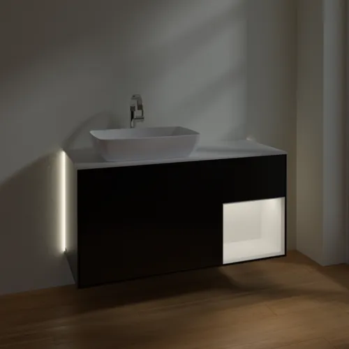 Picture of VILLEROY BOCH Finion Vanity unit, with lighting, 3 pull-out compartments, 1200 x 603 x 501 mm, Black Matt Lacquer / White Matt Lacquer / Glass White Matt #G811MTPD
