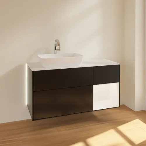 Picture of VILLEROY BOCH Finion Vanity unit, with lighting, 3 pull-out compartments, 1200 x 603 x 501 mm, Black Matt Lacquer / White Matt Lacquer / Glass White Matt #G811MTPD
