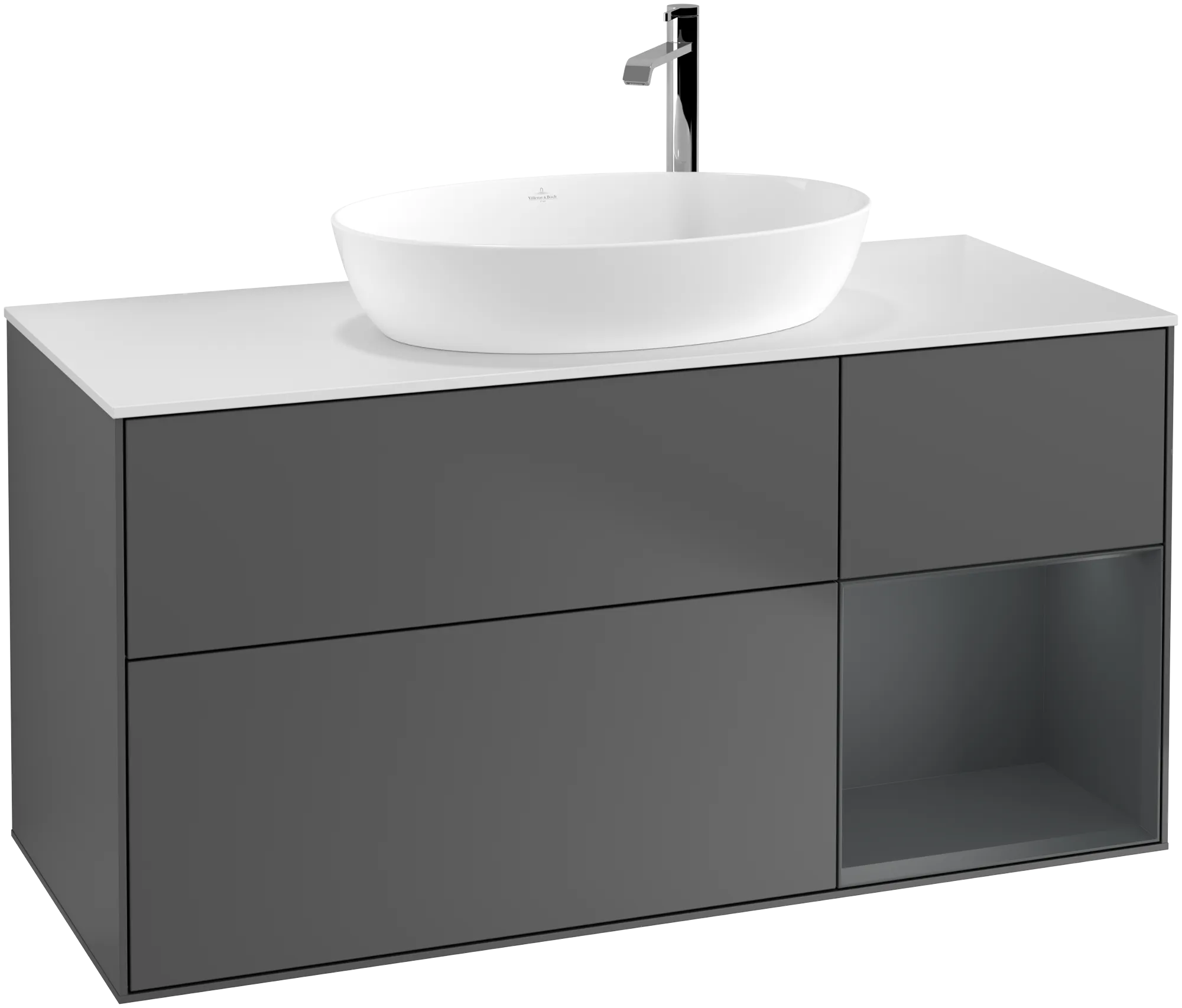 Obrázek VILLEROY BOCH Finion Vanity unit, with lighting, 3 pull-out compartments, 1200 x 603 x 501 mm, Anthracite Matt Lacquer / Midnight Blue Matt Lacquer / Glass White Matt #G951HGGK