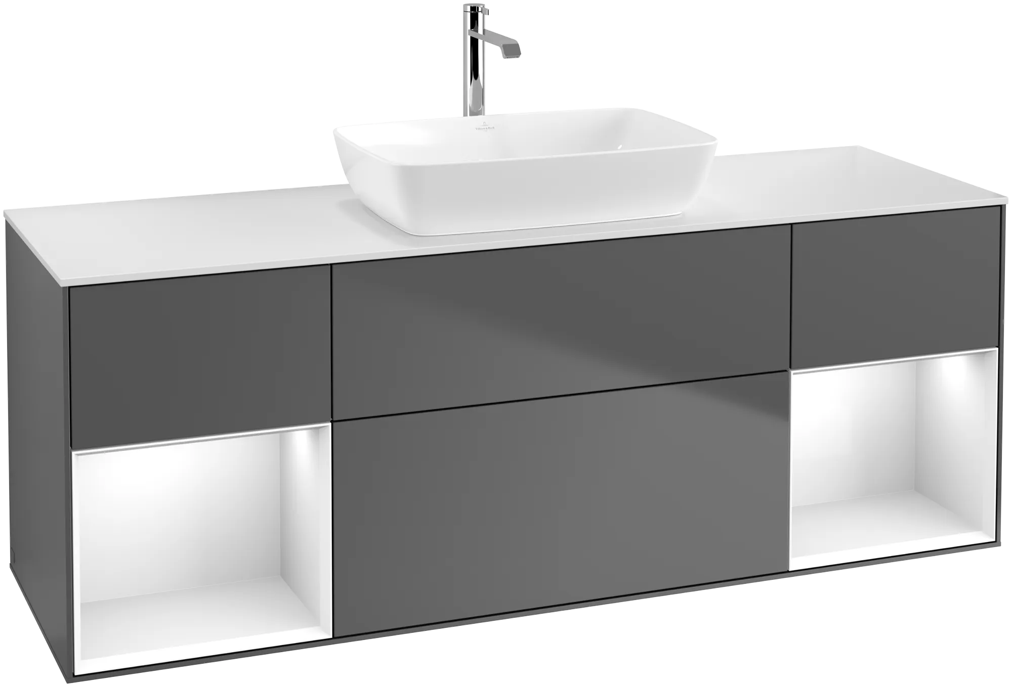 Зображення з  VILLEROY BOCH Finion Vanity unit, with lighting, 4 pull-out compartments, 1600 x 603 x 501 mm, Anthracite Matt Lacquer / Glossy White Lacquer / Glass White Matt #G861GFGK
