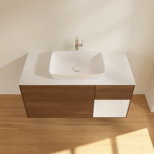 VILLEROY BOCH Finion Waschbeckenunterschrank, mit Beleuchtung, 3 Auszüge, 1200 x 603 x 501 mm, Walnut Veneer / Glossy White Lacquer / Glass White Matt #G831GFGN, Bild 3