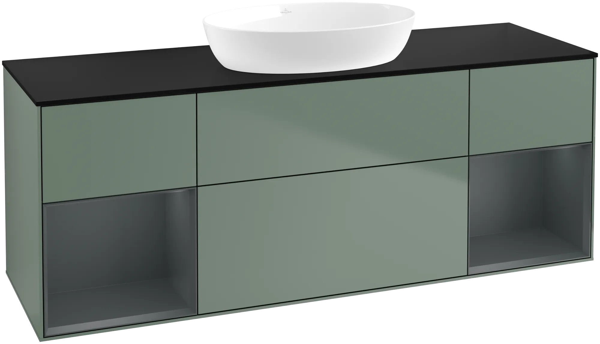 Picture of VILLEROY BOCH Finion Vanity unit, with lighting, 4 pull-out compartments, 1600 x 603 x 501 mm, Olive Matt Lacquer / Midnight Blue Matt Lacquer / Glass Black Matt #GD02HGGM