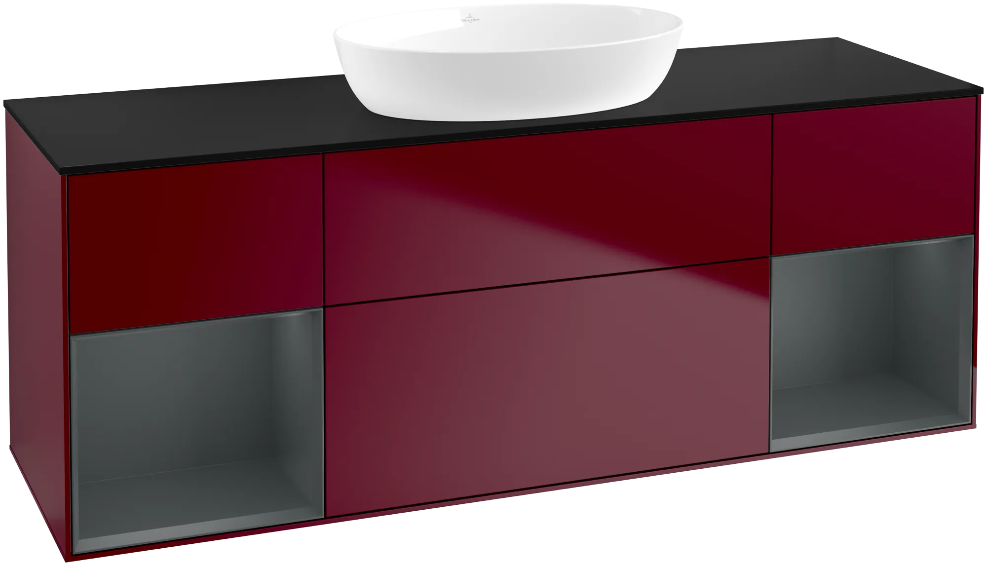 Picture of VILLEROY BOCH Finion Vanity unit, with lighting, 4 pull-out compartments, 1600 x 603 x 501 mm, Peony Matt Lacquer / Midnight Blue Matt Lacquer / Glass Black Matt #GD02HGHB