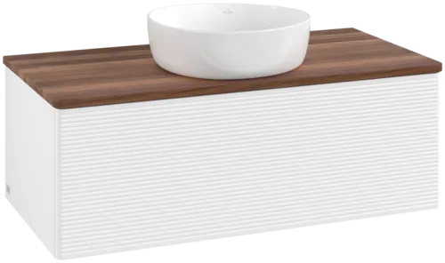 Picture of VILLEROY BOCH Antao Vanity unit, with lighting, 1 pull-out compartment, 1000 x 360 x 500 mm, Front with grain texture, White Matt Lacquer / Warm Walnut #L31112MT