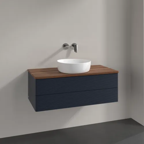 Picture of VILLEROY BOCH Antao Vanity unit, 2 pull-out compartments, 1000 x 360 x 500 mm, Front with grain texture, Midnight Blue Matt Lacquer / Warm Walnut #K20112HG