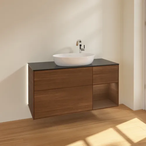 VILLEROY BOCH Finion Waschbeckenunterschrank, mit Beleuchtung, 3 Auszüge, 1200 x 603 x 501 mm, Walnut Veneer / Walnut Veneer / Glass Black Matt #G952GNGN, Bild 2