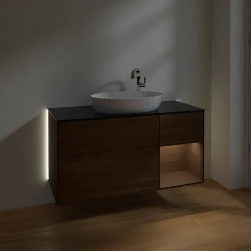VILLEROY BOCH Finion Waschbeckenunterschrank, mit Beleuchtung, 3 Auszüge, 1200 x 603 x 501 mm, Walnut Veneer / Walnut Veneer / Glass Black Matt #G952GNGN, Bild 5