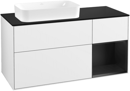 Picture of VILLEROY BOCH Finion Vanity unit, with lighting, 3 pull-out compartments, 1200 x 603 x 501 mm, Glossy White Lacquer / Black Matt Lacquer / Glass Black Matt #G692PDGF