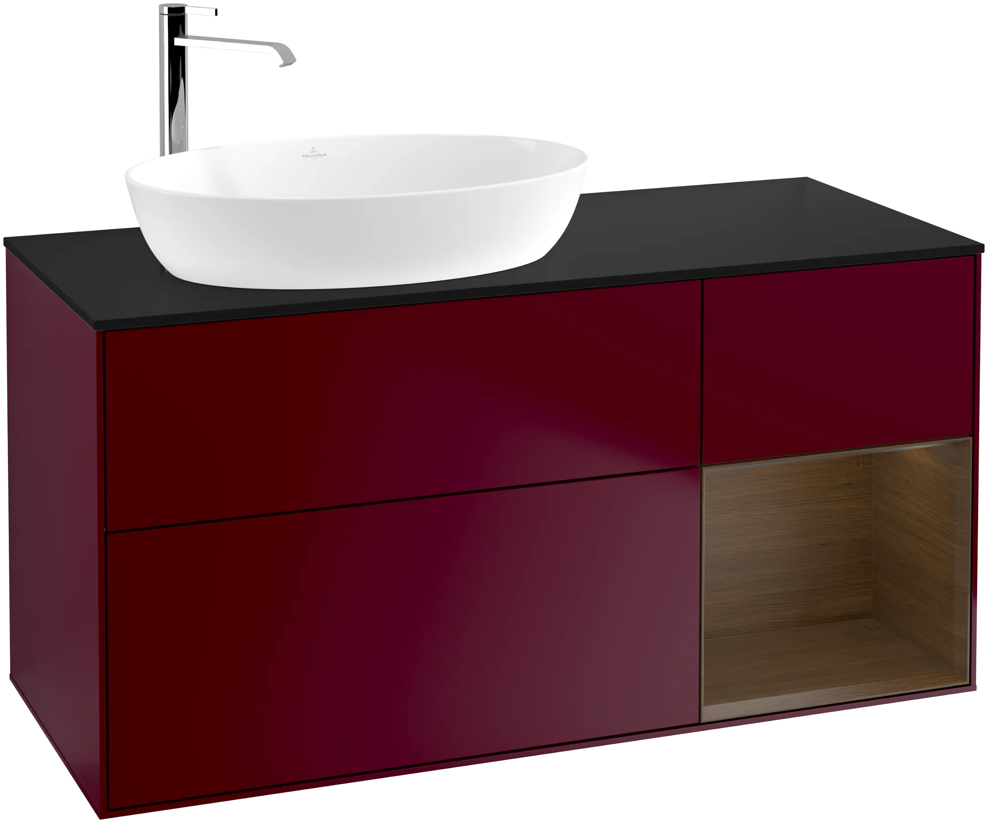 Picture of VILLEROY BOCH Finion Vanity unit, with lighting, 3 pull-out compartments, 1200 x 603 x 501 mm, Peony Matt Lacquer / Walnut Veneer / Glass Black Matt #G932GNHB