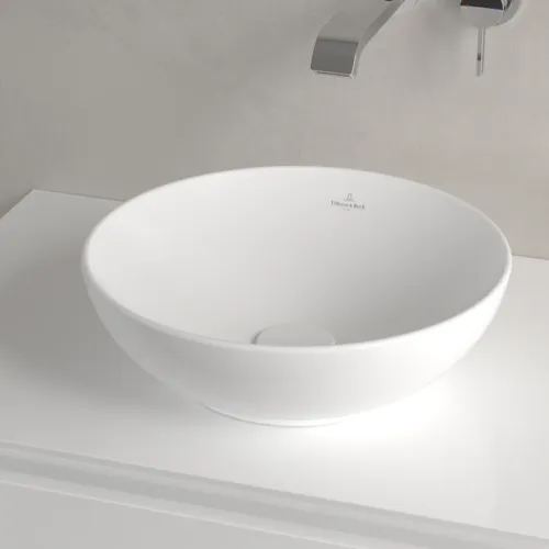 VILLEROY BOCH Loop & Friends Aufsatzwaschbecken, 380 x 380 x 120 mm, Stone White CeramicPlus, mit Überlauf #4A4500RW, Bild 3