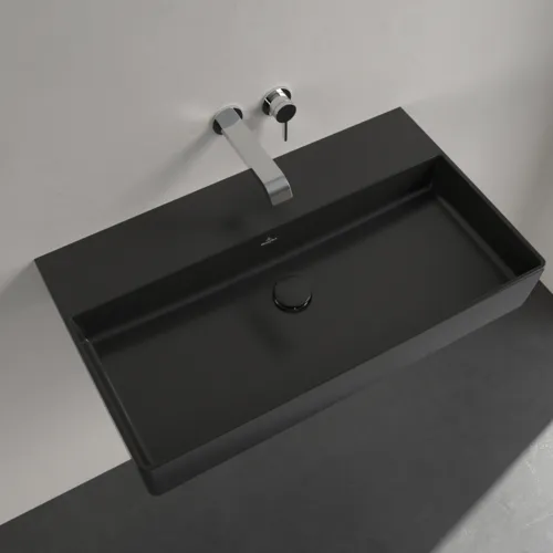 Picture of VILLEROY BOCH Memento 2.0 Washbasin, 800 x 470 x 140 mm, Pure Black CeramicPlus, without overflow #4A2283R7