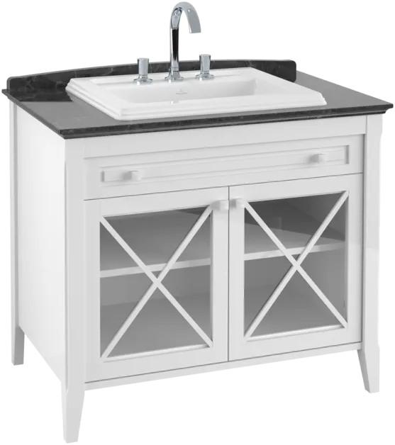 Зображення з  VILLEROY BOCH Hommage Vanity unit with washbasin, 2 doors, 1 drawer, 985 x 905 x 620 mm, White Matt Lacquer/Black Marble / White Matt Lacquer/Black Marble #8980A1R1